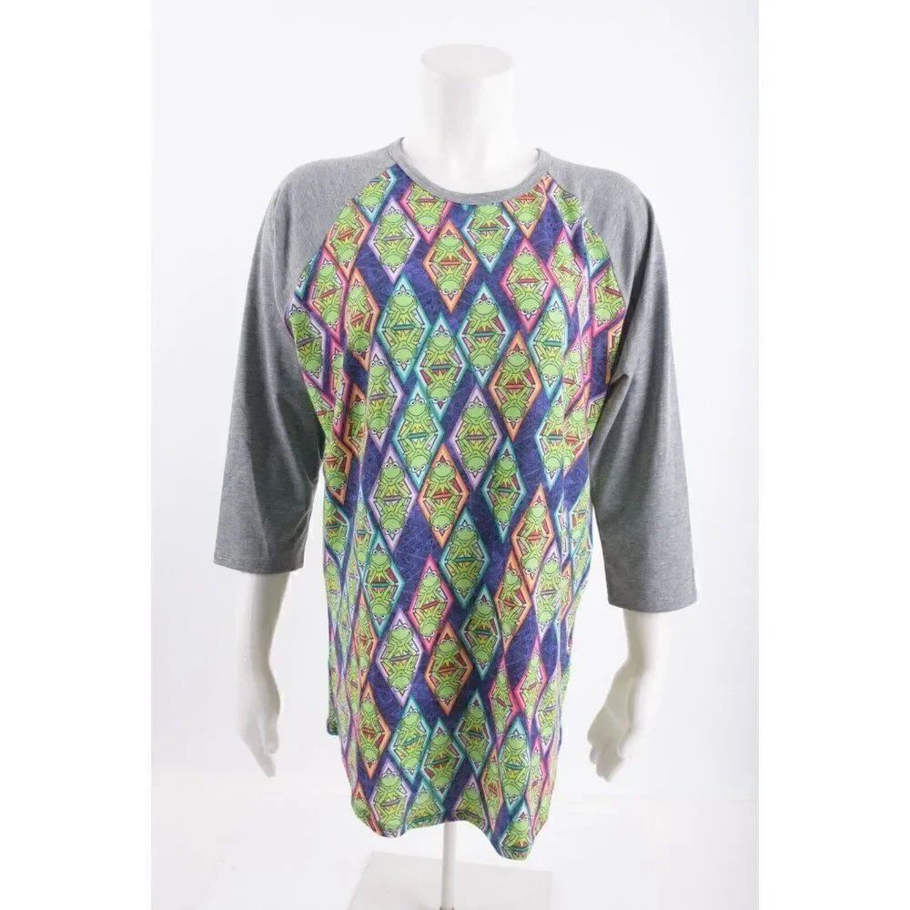 LulaRoe Womens Randy Baseball shirt Kermit The Frog L Multi-Color 3/4 Sleeve
